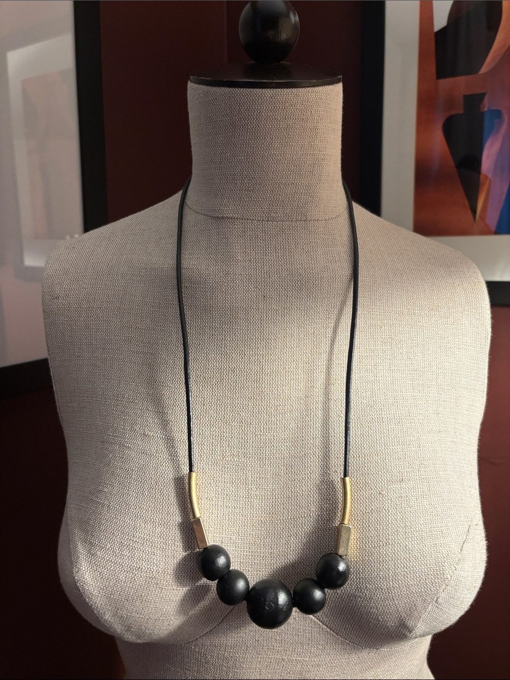 🖤LOFT Wood Black Beaded Necklace with Gold Accents